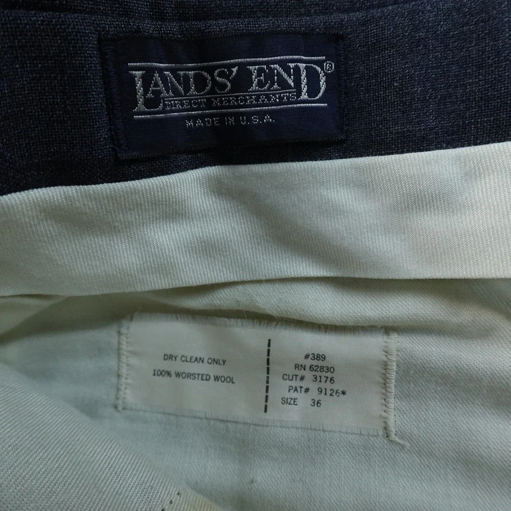 VTG Lands End Pants Mens 34X28 Blue Wool Chino Dress Trouser Flat Front USA Work